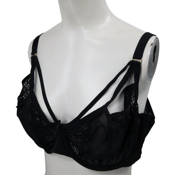 Cacique Unlined Balconette Black Underwire Caged Bra Size 44C Lace Sexy Sheer - Picture 1 of 10
